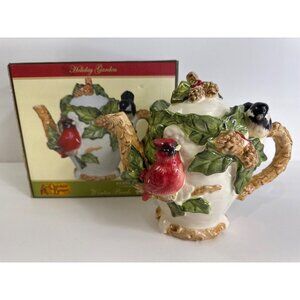 CRACKER BARREL Teapot 3D HOLIDAY GARDEN Winter Birds Red Cardinal Chickadee